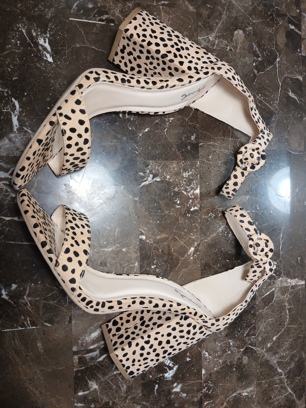 Qupid Beige and Black Spotted Block Heel Sandals
